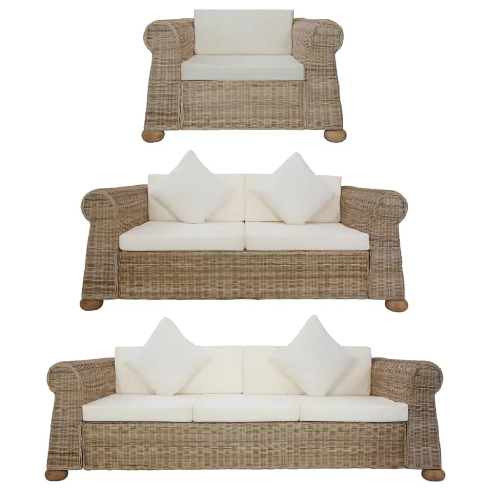 Premium Resina Sintetica Set di Divani 3 pz con Cuscini Rattan Naturale