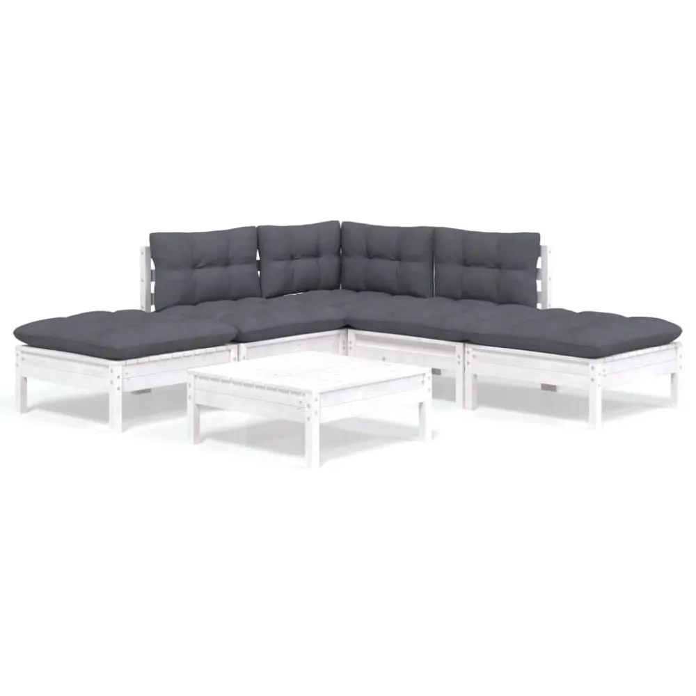 Premium Resina Sintetica Set Divani da Giardino 6 pz con Cuscini Bianchi Legno di Pino