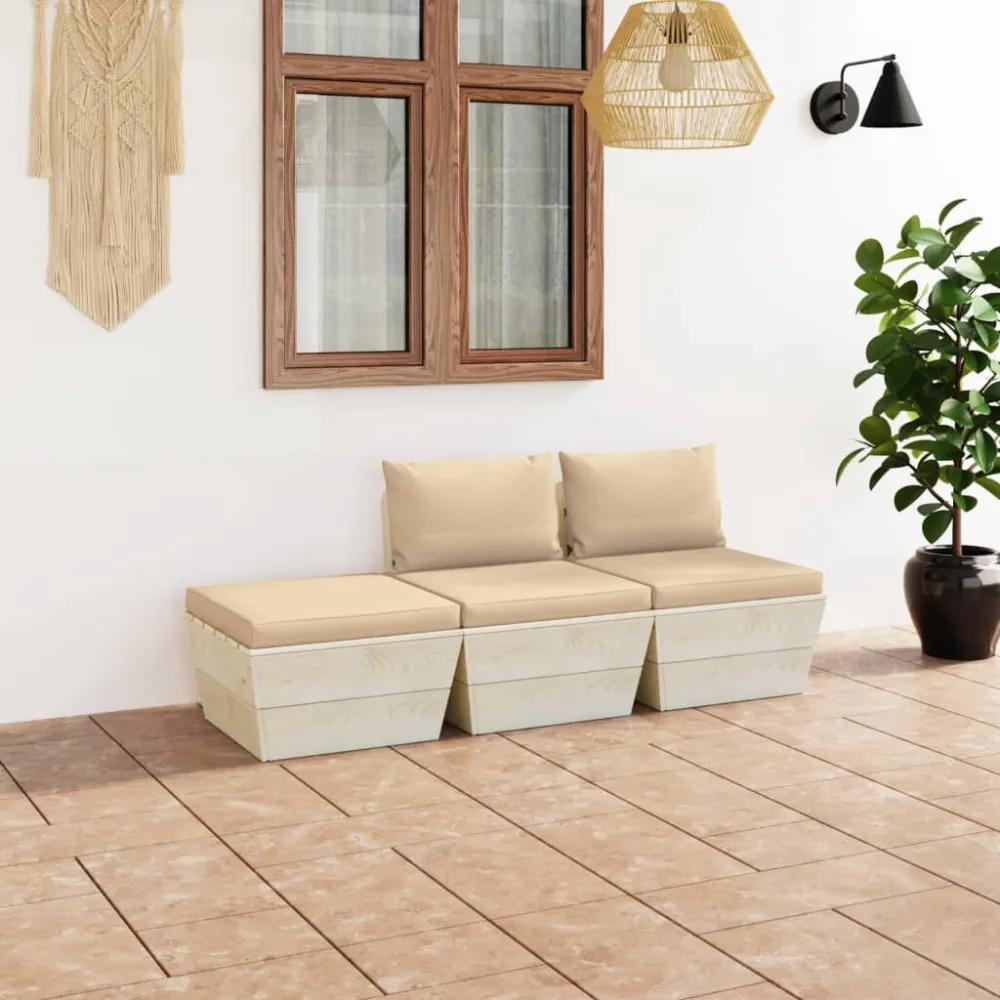 Premium Resina Sintetica Set Divani da Giardino su Pallet 3 pz con Cuscini Legno Abete