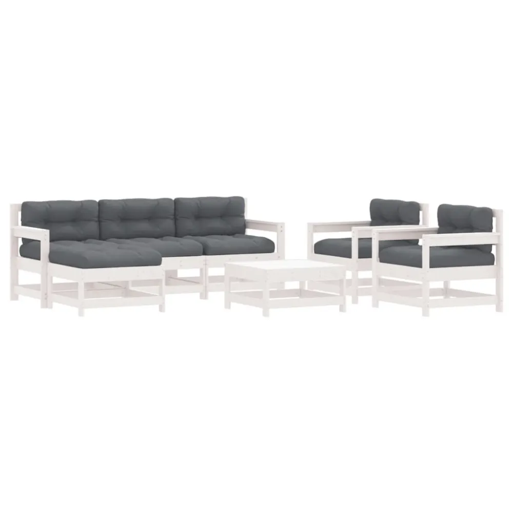 Premium Resina Sintetica Set Divani da Giardino 7pz con Cuscini Legno Massello Bianco