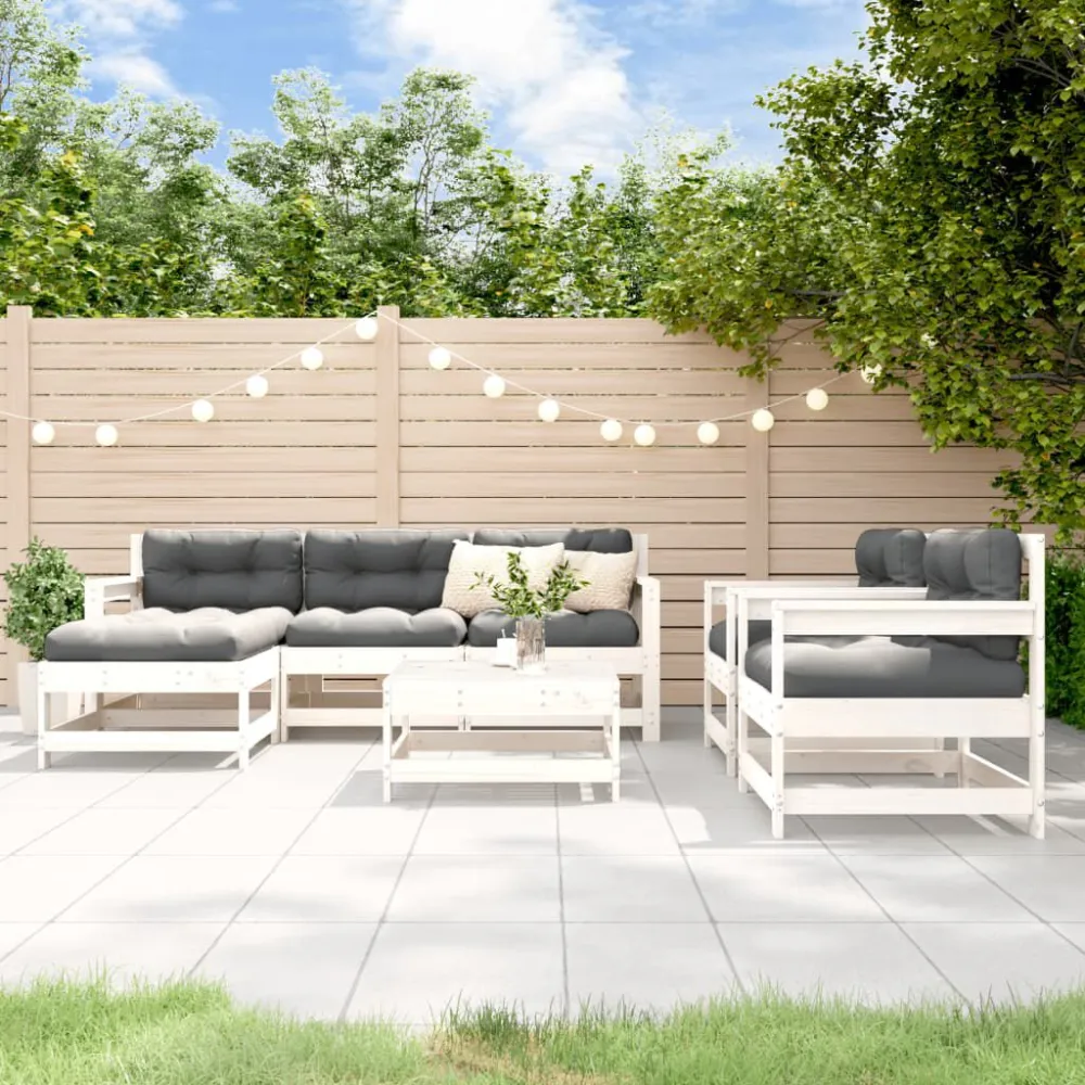 Premium Resina Sintetica Set Divani da Giardino 7pz con Cuscini Legno Massello Bianco