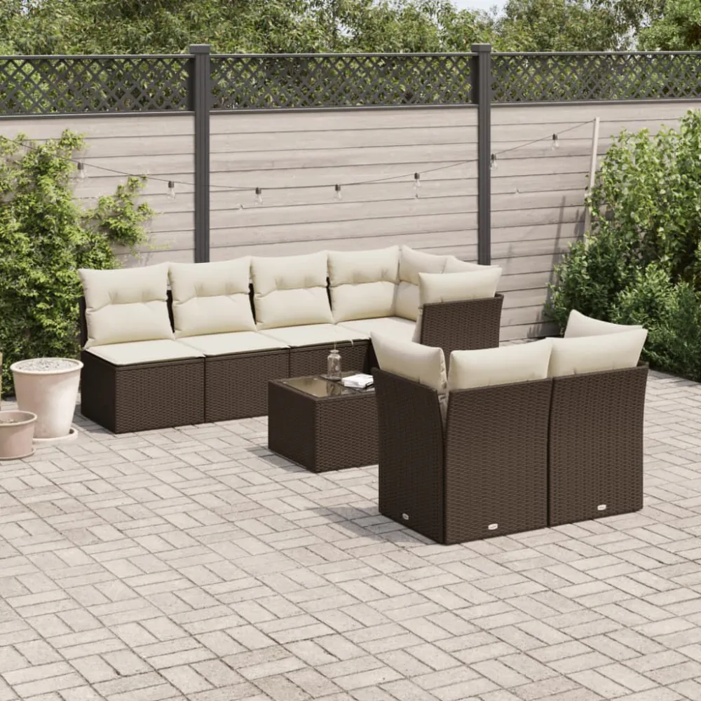 Premium Resina Sintetica Set Divani da Giardino 8 pz con Cuscini Marrone Polyrattan