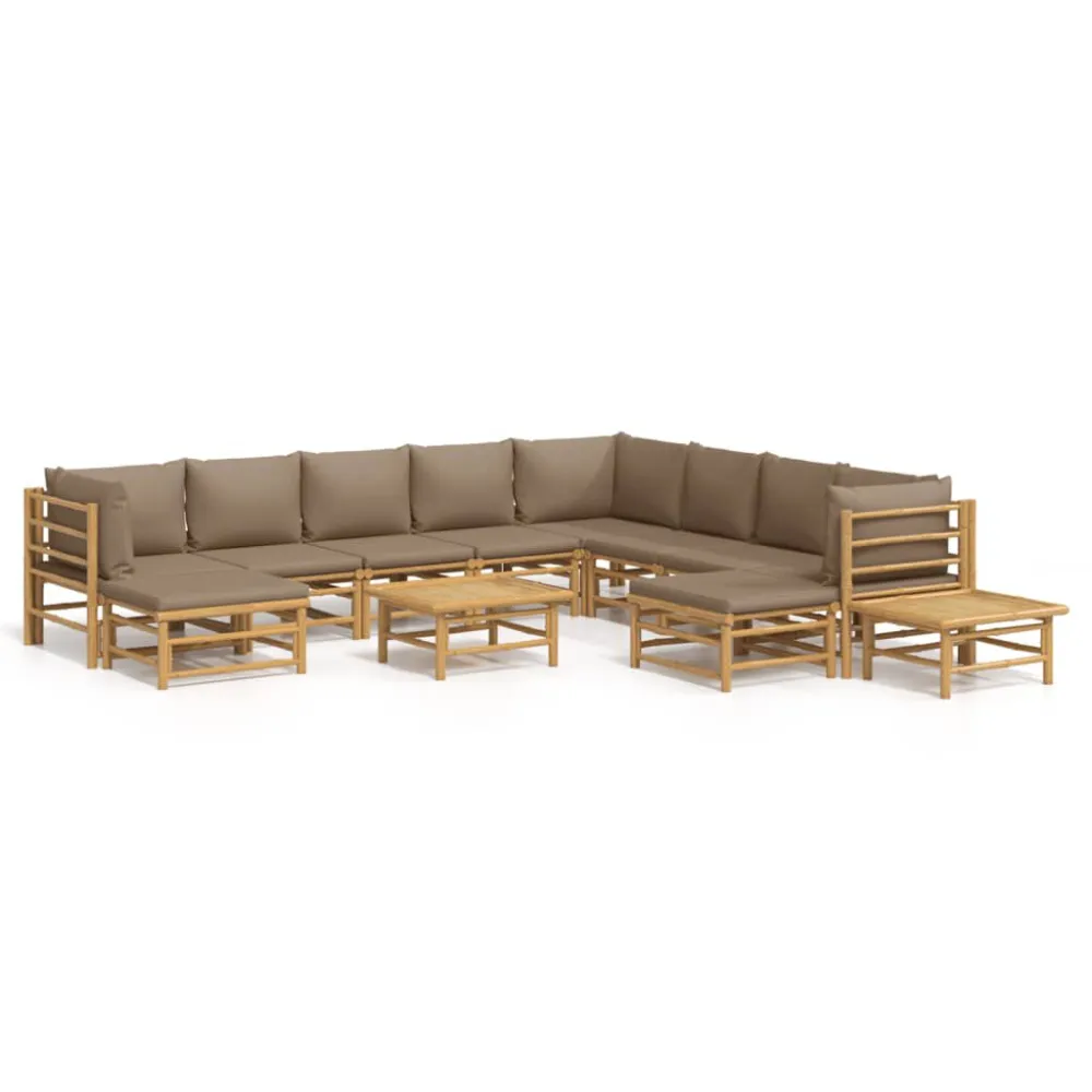 Premium Resina Sintetica Set Salotto da Giardino 12pz con Cuscini Tortora Bambù