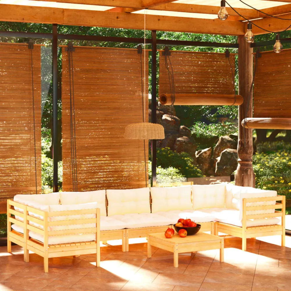 Premium Resina Sintetica Set Salotto da Giardino 8 pz con Cuscini Crema Legno di Pino