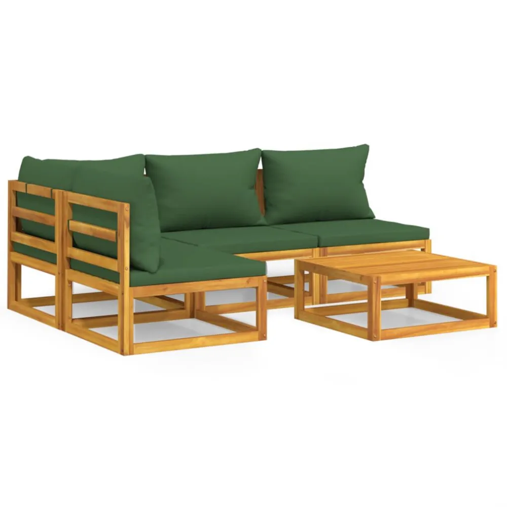Premium Resina Sintetica Set Salotto da Giardino 5pz con Cuscini Verdi Legno Massello