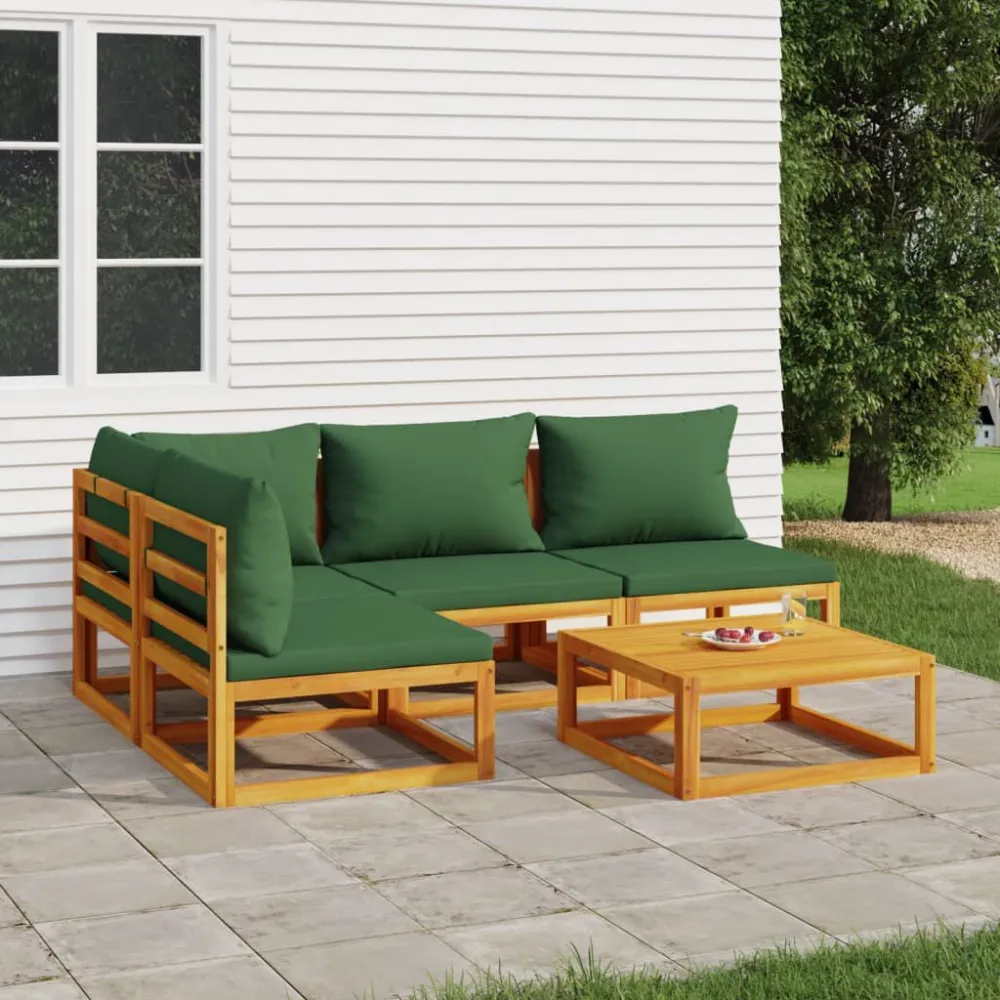 Premium Resina Sintetica Set Salotto da Giardino 5pz con Cuscini Verdi Legno Massello