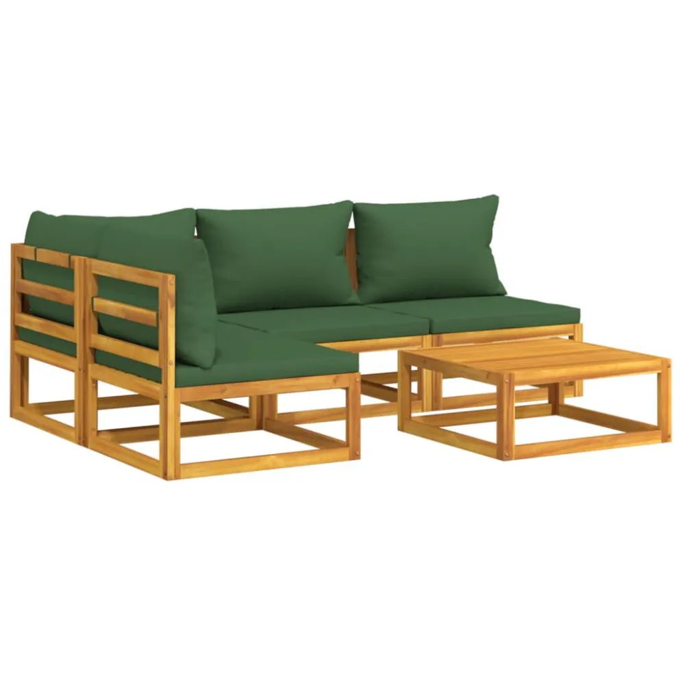 Premium Resina Sintetica Set Salotto da Giardino 5pz con Cuscini Verdi Legno Massello