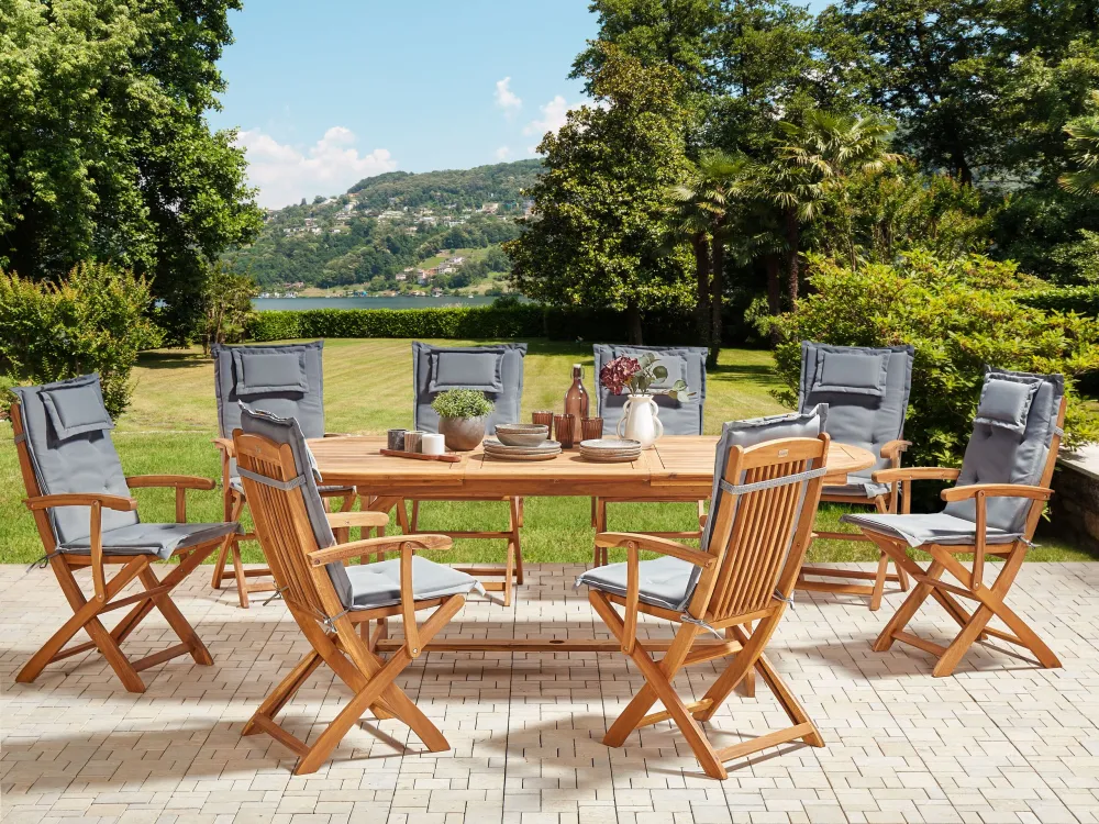 8 Seater Acacia Wood Garden Dining Set Graphite Grey Cushions MAUI II Colori Vivaci