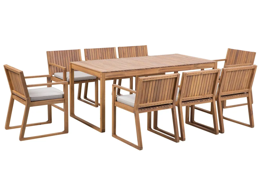 8 Seater Acacia Wood Garden Dining Set Taupe Cushions SASSARI con Schienale Regolabile
