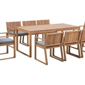 8 Seater Acacia Wood Garden Dining Set Blue Cushions SASSARI con Portabicchiere Integrato