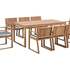 8 Seater Acacia Wood Garden Dining Set Navy Blue and White Cushions SASSARI con Sistema di Montaggio Rapido