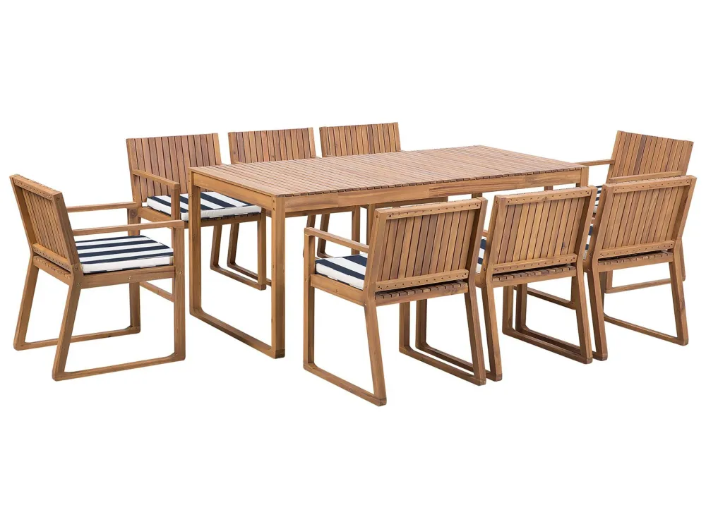 8 Seater Acacia Wood Garden Dining Set Navy Blue and White Cushions SASSARI con Sistema di Montaggio Rapido