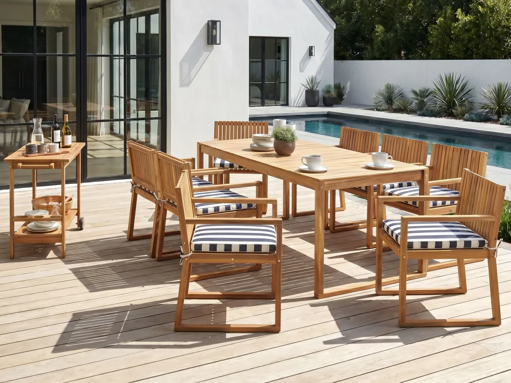 8 Seater Acacia Wood Garden Dining Set Navy Blue and White Cushions SASSARI con Sistema di Montaggio Rapido