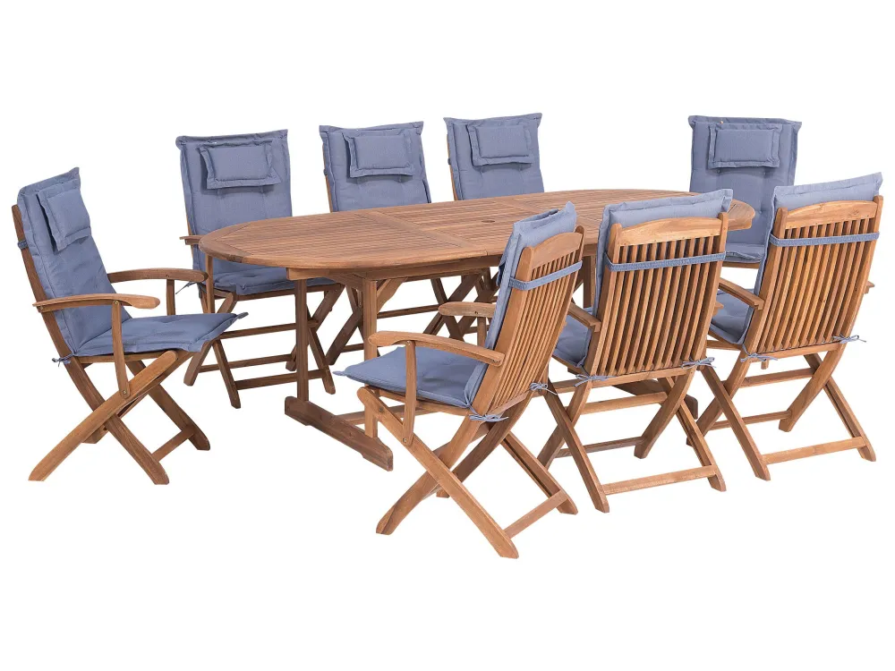 8 Seater Acacia Wood Garden Dining Set Blue Cushions MAUI con Cuscino Estraibile
