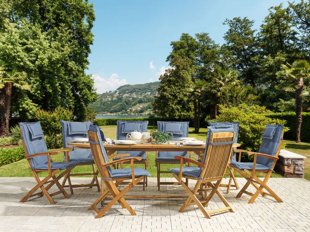 8 Seater Acacia Wood Garden Dining Set Blue Cushions MAUI con Cuscino Estraibile