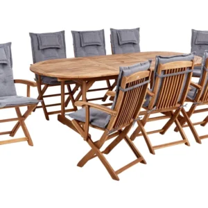 8 Seater Acacia Wood Garden Dining Set Grey Cushions MAUI II con Sistema di Montaggio Rapido