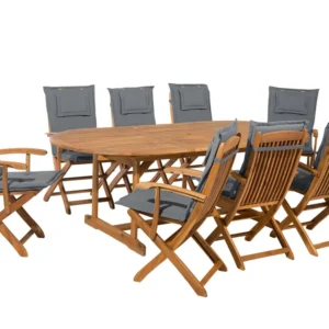 8 Seater Acacia Wood Garden Dining Set Grey Cushions MAUI per Relax all'Aperto