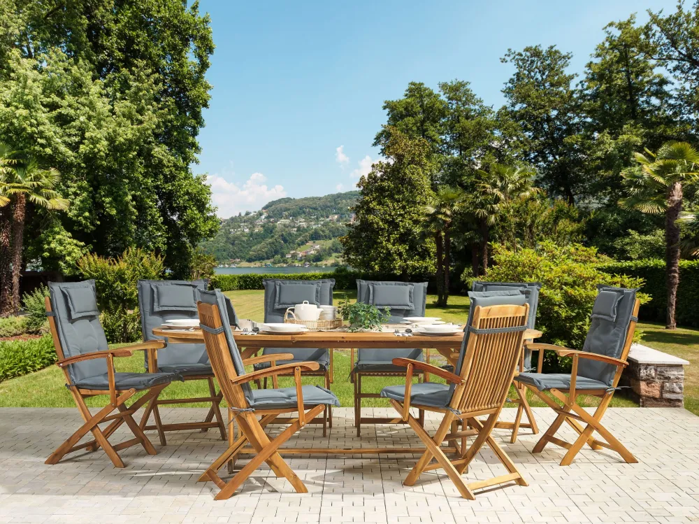 8 Seater Acacia Wood Garden Dining Set Grey Cushions MAUI per Relax all'Aperto