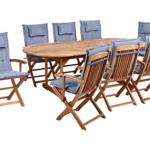 8 Seater Acacia Wood Garden Dining Set Blue Cushions MAUI II con Portabicchiere Integrato