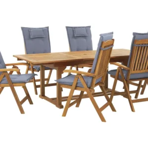 6 Seater Acacia Wood Garden Dining Set Blue Cushions JAVA con Struttura Acciaio