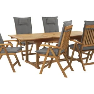 6 Seater Acacia Wood Garden Dining Set Graphite Grey Cushions JAVA Materiale Alluminio Anodizzato