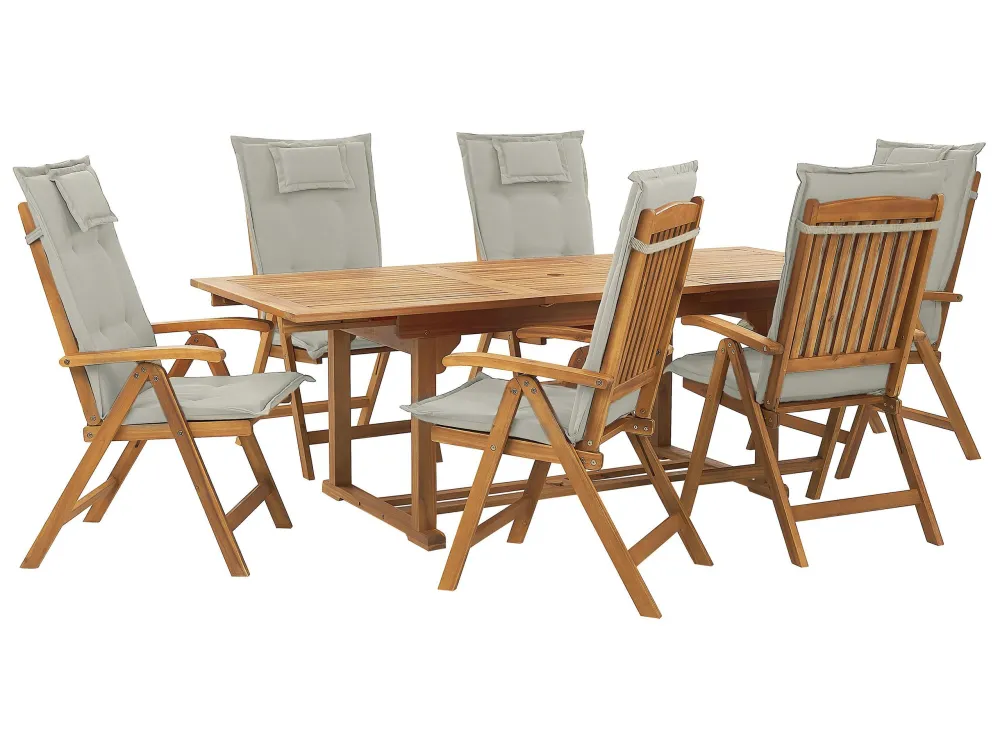 6 Seater Acacia Wood Garden Dining Set Taupe Cushions JAVA Colori Vivaci