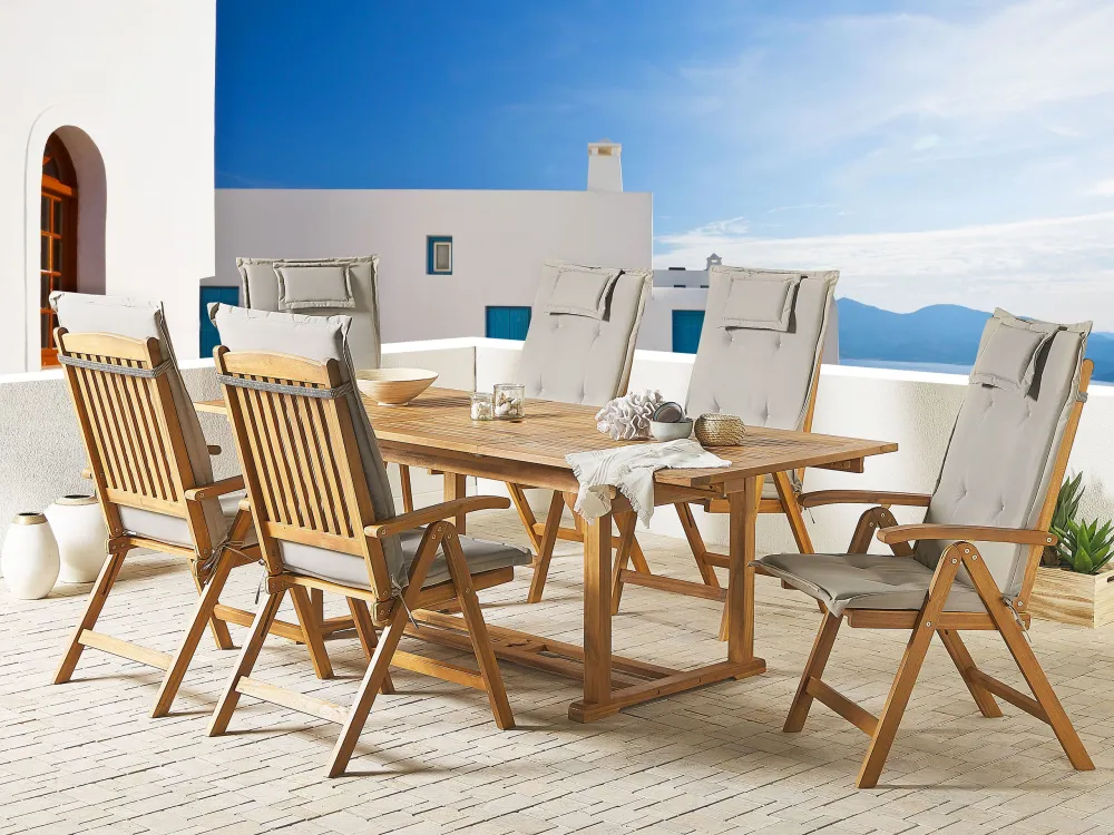 6 Seater Acacia Wood Garden Dining Set Taupe Cushions JAVA Colori Vivaci