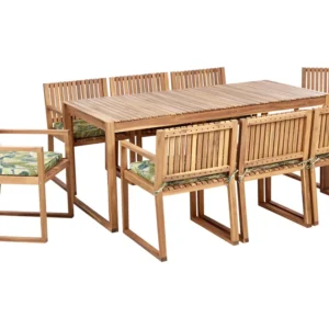 8 Seater Certificato Acacia Wood Garden Dining Set Leaf Pattern Green Cushions SASSARI II