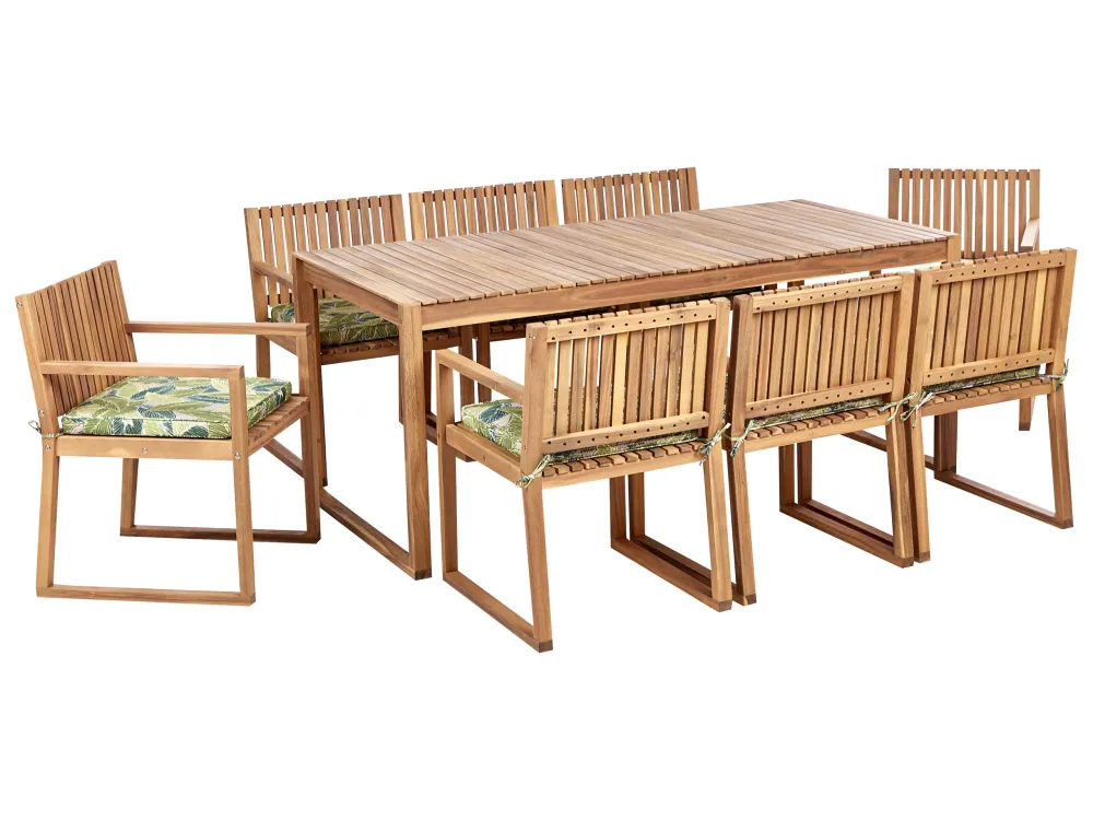 8 Seater Certificato Acacia Wood Garden Dining Set Leaf Pattern Green Cushions SASSARI II