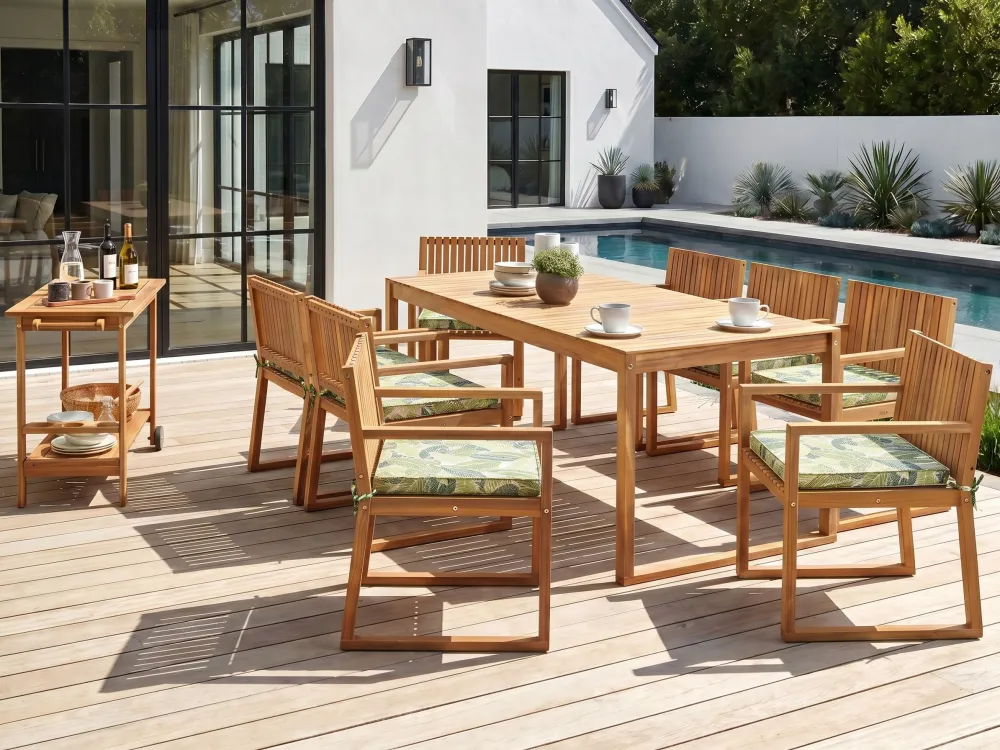 8 Seater Certificato Acacia Wood Garden Dining Set Leaf Pattern Green Cushions SASSARI II