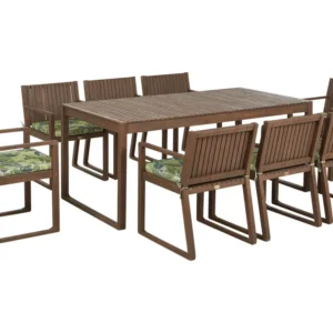 8 Seater Dark Acacia Wood Garden Dining Set Leaf Pattern Green Cushions SASSARI - Impermeabile e UV Resistente