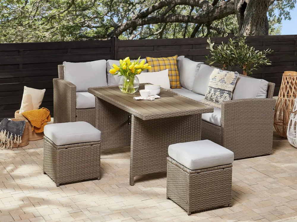 5 Seater PE Rattan Garden Corner Sofa Set Taupe and Grey BARDI - Impermeabile e UV Resistente