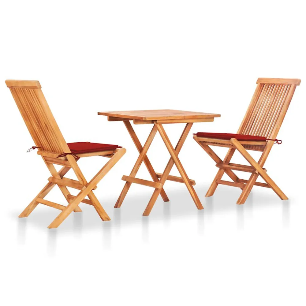 Sedia con Braccioli Set da Bistrot 3 pz con Cuscini Rossi Legno Massello di Teak