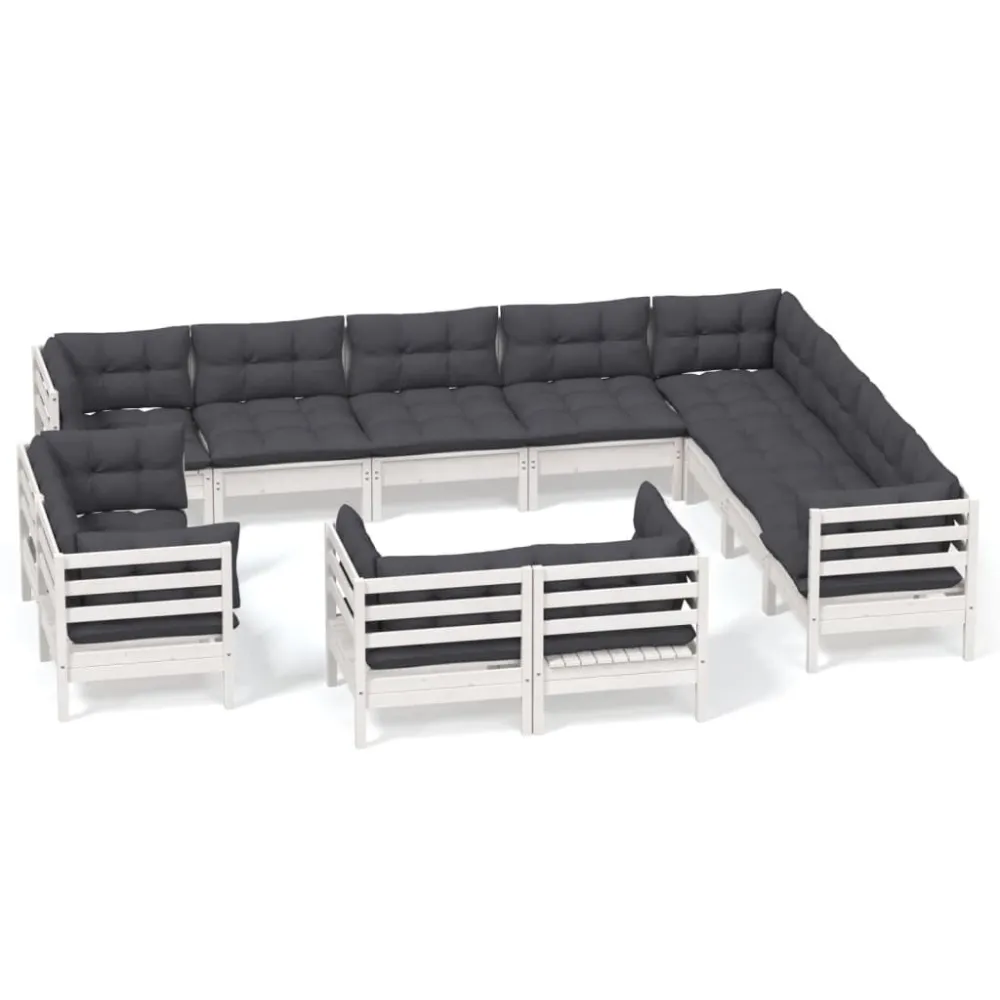 Sedia con Braccioli Set Divani da Giardino 12 pz con Cuscini Bianchi Legno di Pino