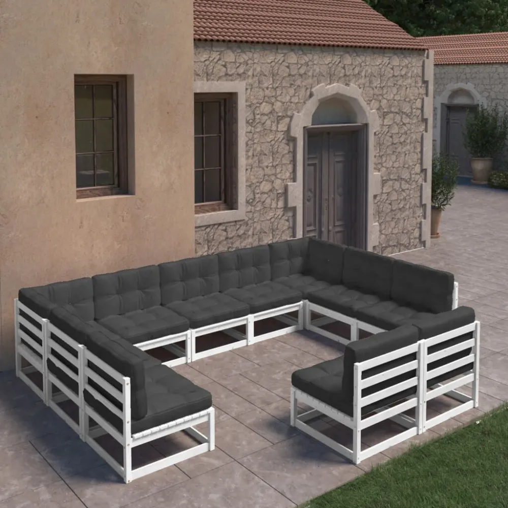 Sedia con Braccioli Set Divani da Giardino 11pz con Cuscini Massello di Pino Bianco