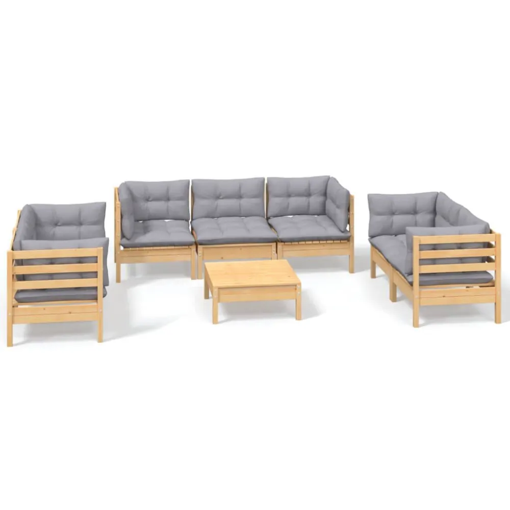 Sedia con Braccioli Set Divani da Giardino 8 pz con Cuscini Grigi Massello di Pino