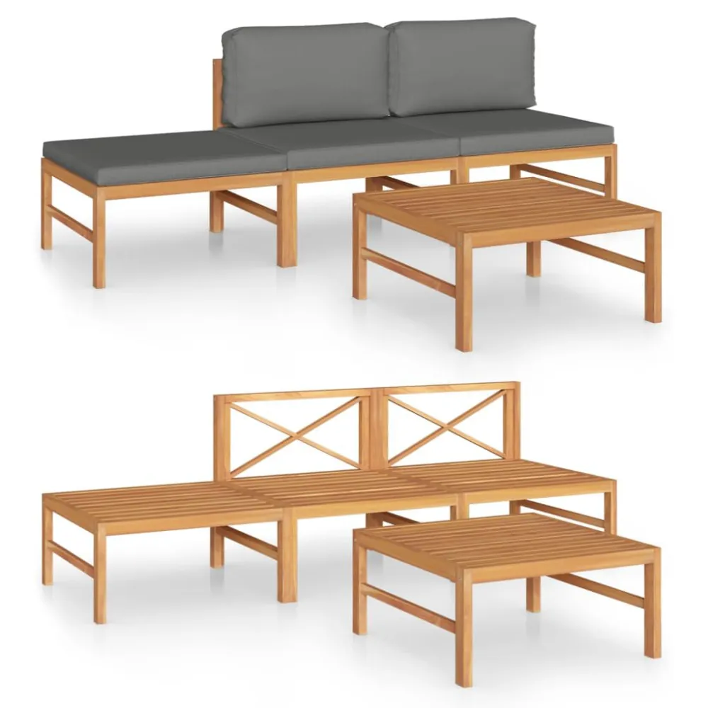 Sedia con Braccioli Set Divani da Giardino 4pz Cuscini Grigi Legno Massello di Teak