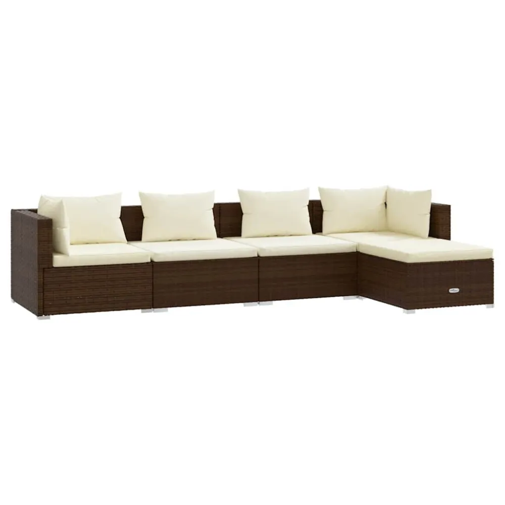 Sedia con Braccioli Set Divani da Giardino 5 pz con Cuscini Polyrattan Marrone
