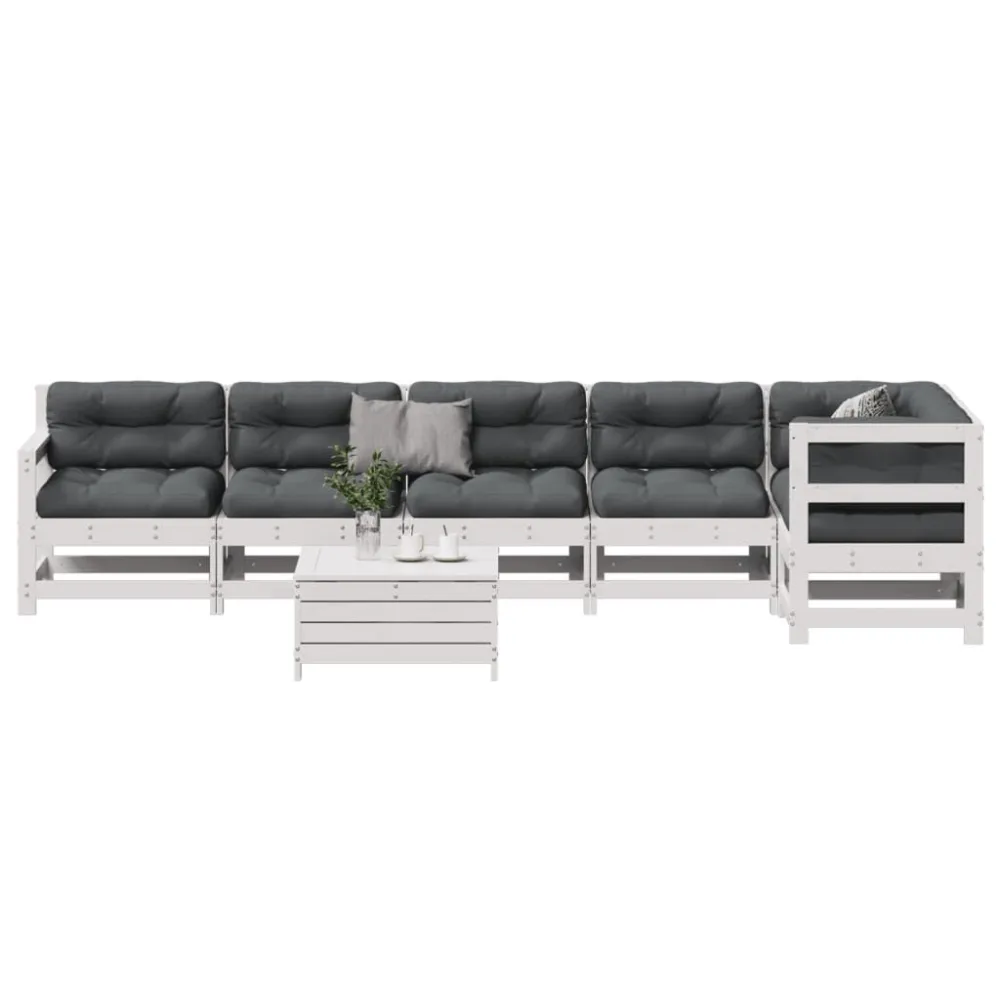 Sedia con Braccioli Set Salotto Giardino 7pz con Cuscini Bianco Legno Massello Pino
