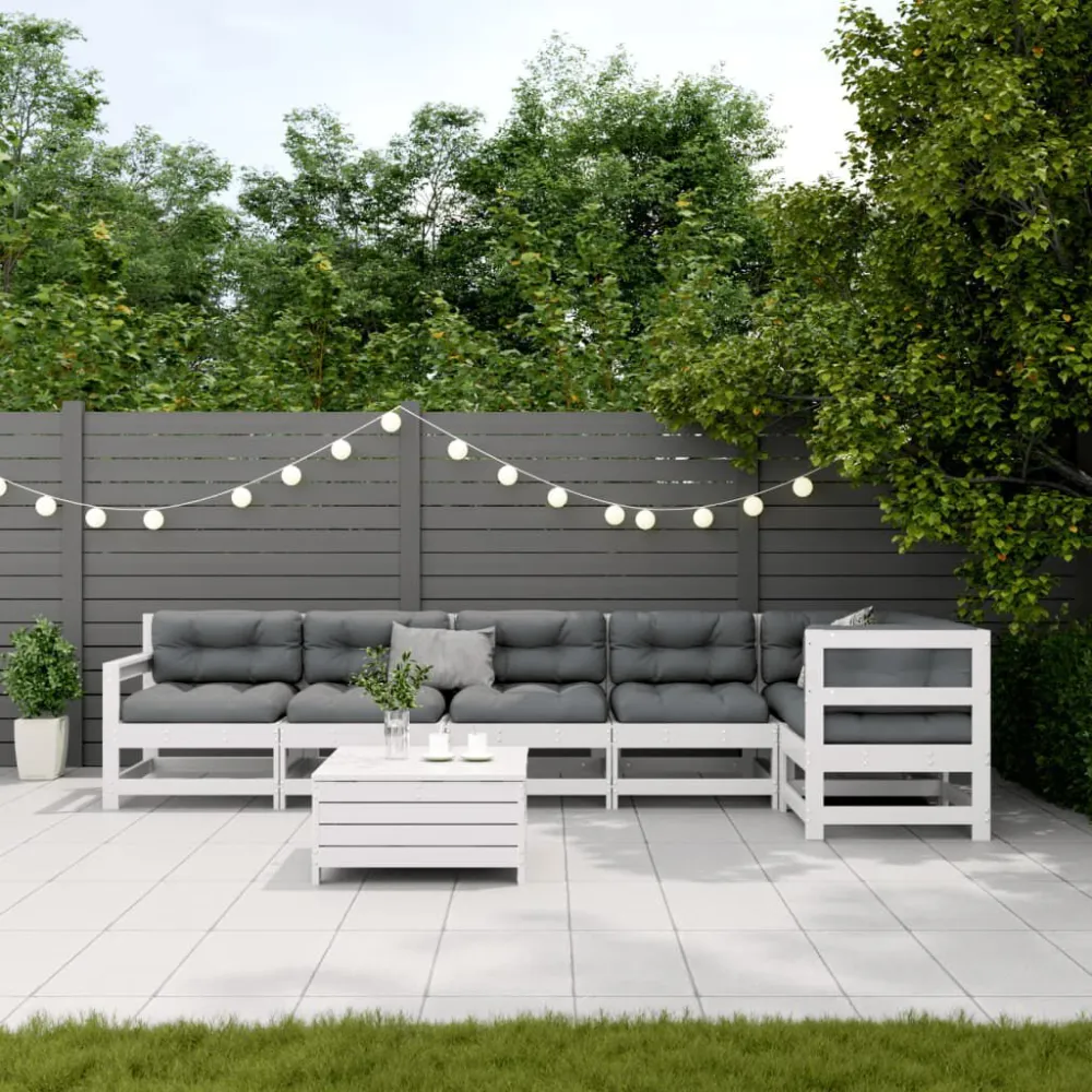 Sedia con Braccioli Set Salotto Giardino 7pz con Cuscini Bianco Legno Massello Pino