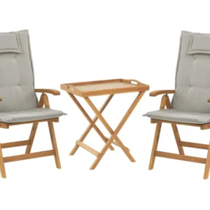 Sedia con Braccioli Set di 2 sedie con cuscini grigio crema e tavolino legno di acacia JAVA