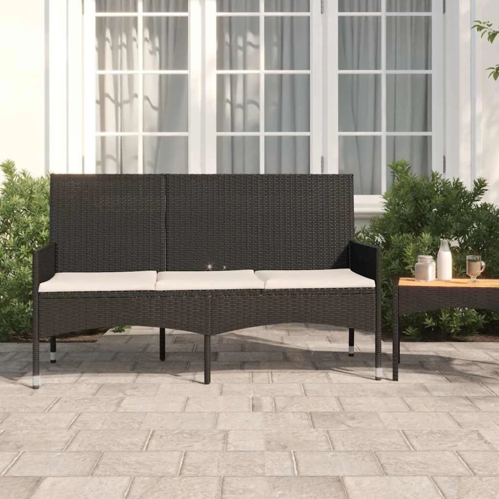Sedia da Giardino Panca da Giardino 3 Posti con Cuscini Polyrattan Nero