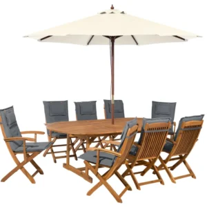 Sedia da Giardino 8 Seater Acacia Wood Garden Dining Set Parasol and Grey Cushions MAUI