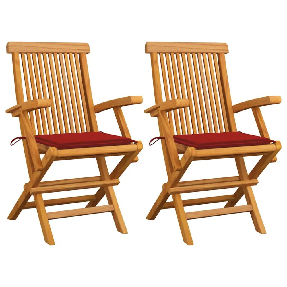Sedia da Giardino Sedie da Giardino con Cuscini Rossi 2 pz Massello di Teak