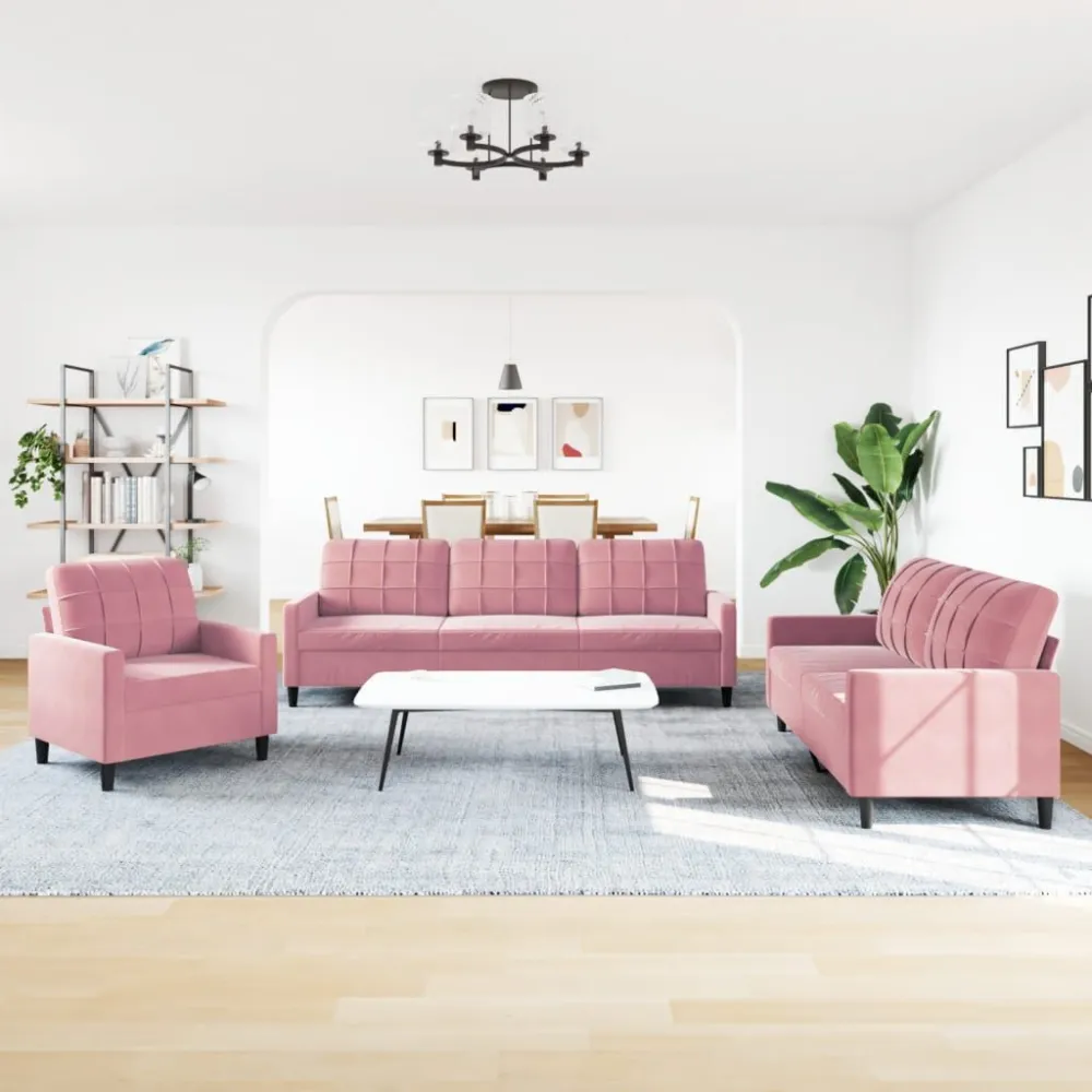 Sedia da Giardino Set di Divani 3 pz con Cuscini rosa Velluto
