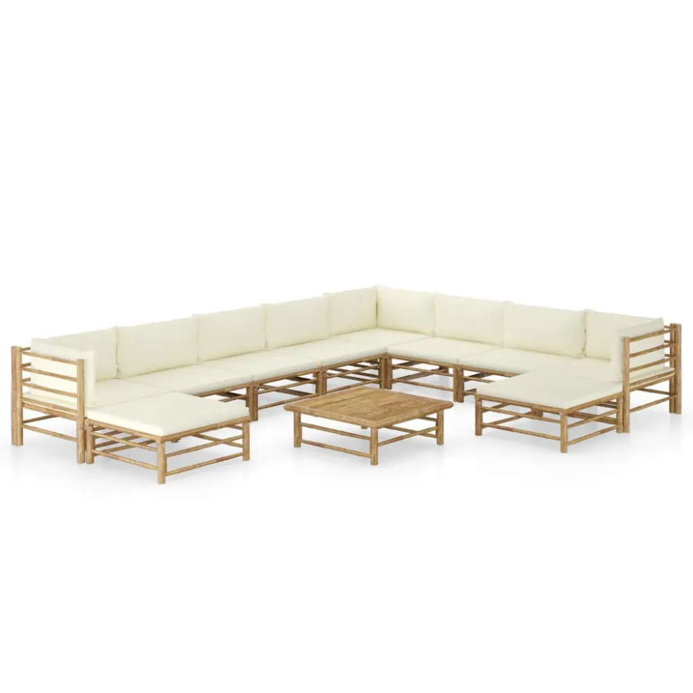 Sedia da Giardino Set Salotto da Giardino 11pz con Cuscini Bianco Crema Bambù