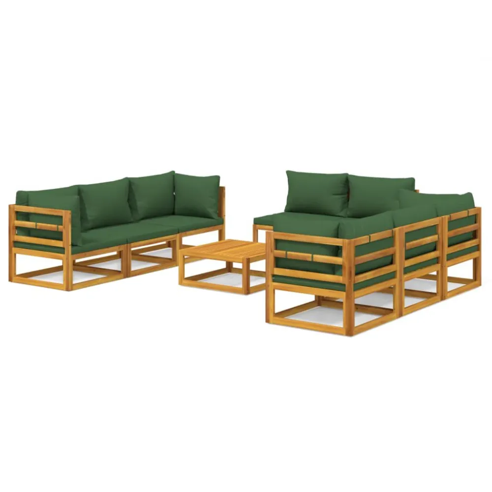 Sedia da Giardino Set Salotto da Giardino 9pz con Cuscini Verdi Legno Massello