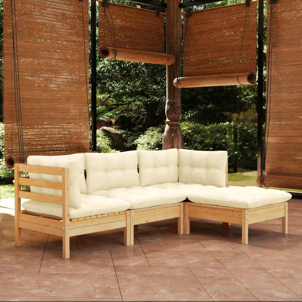 Sedia da Giardino Set Salotto da Giardino 4 pz con Cuscini Crema Legno di Pino