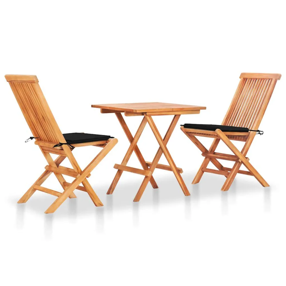 Sedia Pieghevole Set da Bistrot 3 pz con Cuscini Neri Legno Massello di Teak