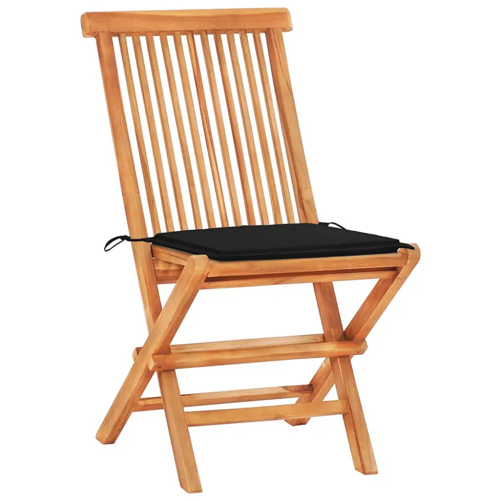 Sedia Pieghevole Set da Bistrot 3 pz con Cuscini Neri Legno Massello di Teak